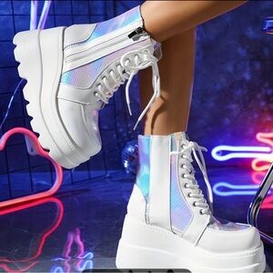 White Holographic Platform Combat Boots - Women's